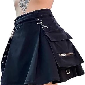 Ruolai Goth Black Pleated Mini Skirt with Chain | High Waisted | Women's Fashion | Stylish Tennis Skirt | Trendy Alterna